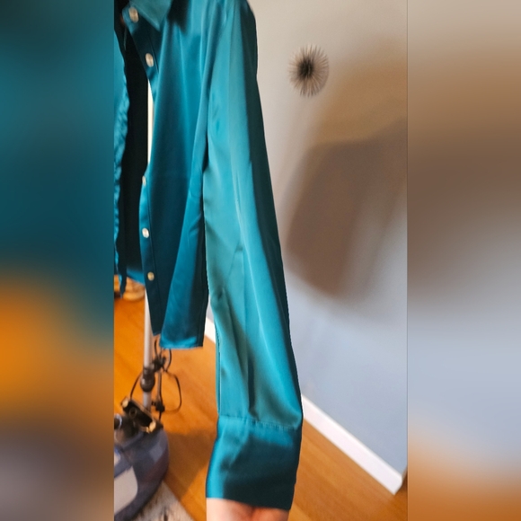 NWOT, Medium, Teal button down satin top. (Long) - Picture 4 of 5